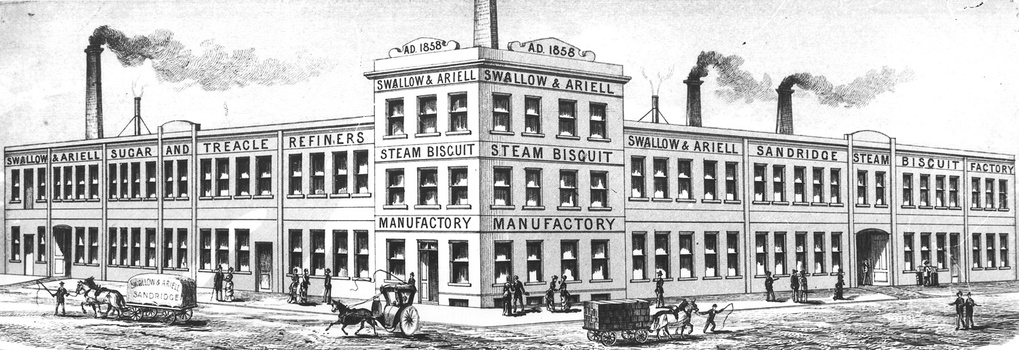 Etching of Swallow's factory on the corner of two streets