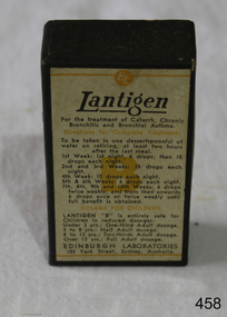 Cardboard box containing a glass bottle of Lantigen colloidal mixture for the treatment of bronchitis and asthma.