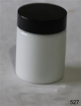 A round white glass jar with black screwtop lid. Unspecified ointment contents.