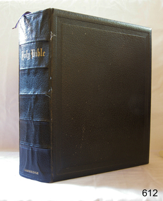 Black leather covered book with gold embossed letters on spine and a blue page marker ribbon