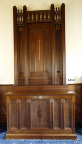 Polished wooden altar base and reredos or top panel, each with decorative finish