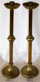 Pair of brass candlesticks, brass, with scalloped edged wax cup, bulbous decoration on stem and round base
