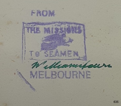 Purple stamp with text and image of a Flying Angel