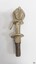 Silver coloured metal fitting with feather design on top, hook below. End has threaded fitting