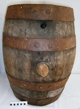 Wooden barrel with four iron bands and two bungholes; one has a stopper