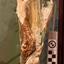 Long piece of ceramic work with edges that have been broken. Paint fragments of brown, black, green 