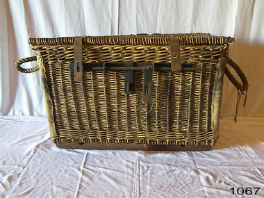 Large rectangular woven basket with lid, handles and locking bar