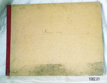 Beige cardboard cover with red reinforcing on the spine