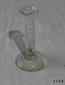 A glass measuring cylinder, with wide base and pouring lip at the top and measurements engraved on the side from 10 -120 ml and 0-2 fluid ounces.