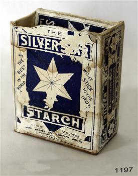 White cardboard box with blue print and logo