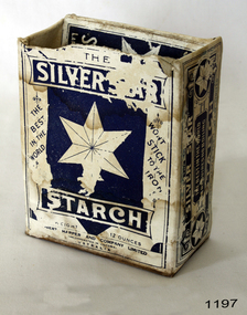 White cardboard box with blue print and logo