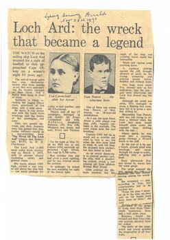 Newspaper Cutting regarding the wreck of the Loch Ard