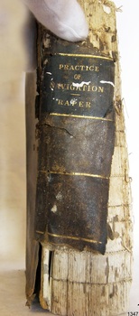 Remnants of the leather cover of the spine, with embossed gold text and lines