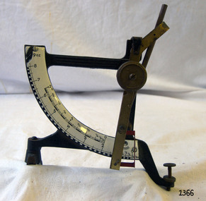 Metal scale on a metal stand with silver coloured measuring scale on front