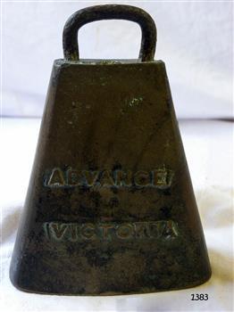 Inscription on wide side of bell is on view