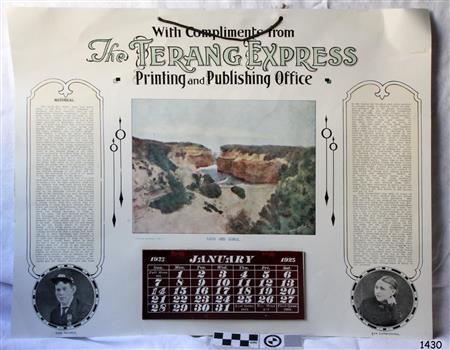 Calendar has a coloured photograph, two portraits, and brief stories.