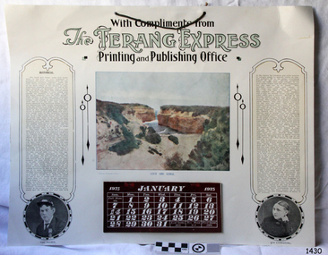 Calendar has a coloured photograph, two portraits, and brief stories.