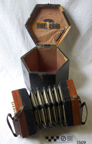 Concertina on bench in front of its open wooden box