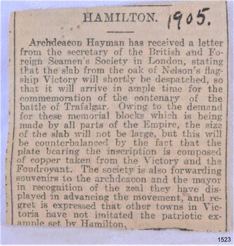 Newspaper Article, 1905, re Victory oak