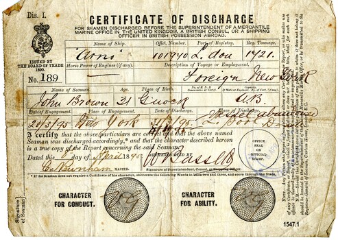 Certificate of Discharge with name of seaman, ship, date and other particulars filled in by hand with ink