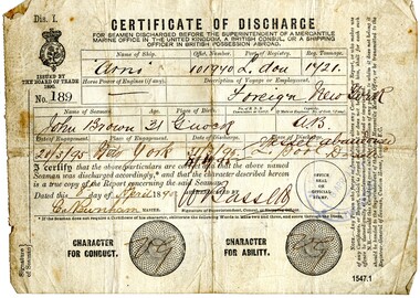 Certificate of Discharge with name of seaman, ship, date and other particulars filled in by hand with ink