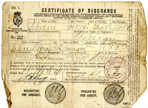 Certificate of Discharge with name of seaman, ship, date and other particulars filled in by hand with ink