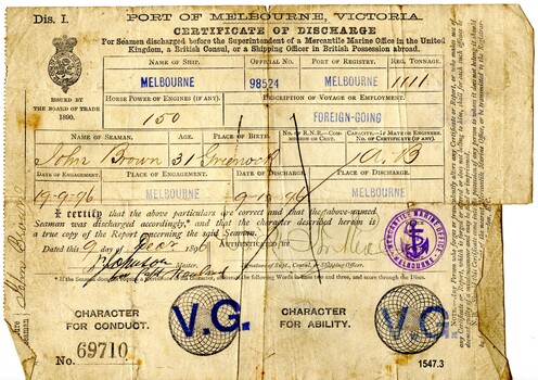 Certificate of Discharge with name of seaman, ship, date and other particulars filled in by hand with ink