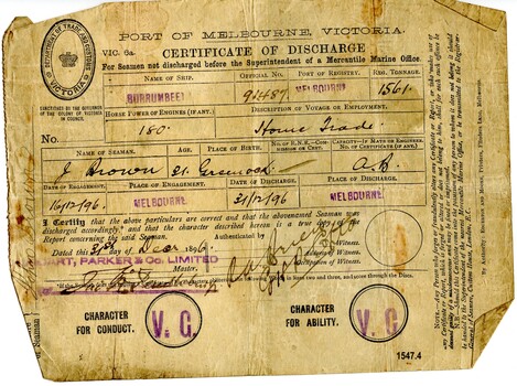 Certificate of Discharge with name of seaman, ship, date and other particulars filled in by hand with ink