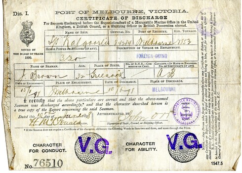 Certificate of Discharge with name of seaman, ship, date and other particulars filled in by hand with ink