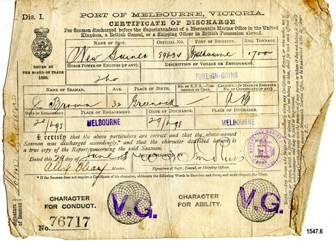 Certificate of Discharge with name of seaman, ship, date and other particulars filled in by hand with ink