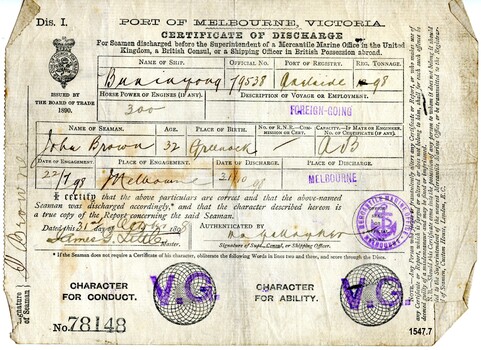 Certificate of Discharge with name of seaman, ship, date and other particulars filled in by hand with ink
