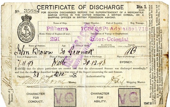 Certificate of Discharge with name of seaman, ship, date and other particulars filled in by hand with ink