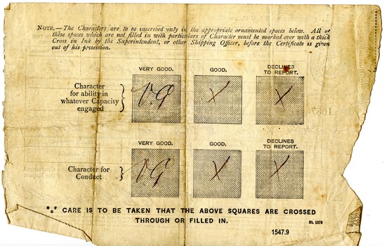 printed certificate with six evaluation boxes - three for conduct and three for ability