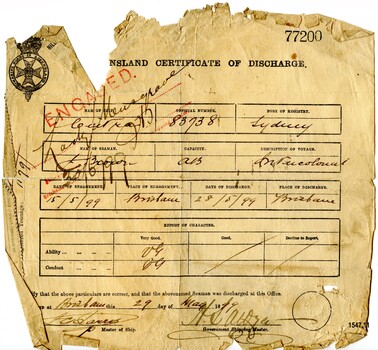 Certificate of Discharge with name of seaman, ship, date etc filled in by hand with ink