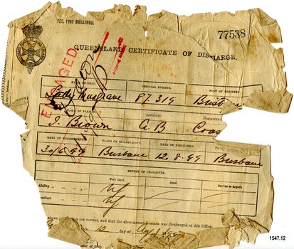 Certificate of Discharge with name of seaman, ship, date etc filled in by hand with ink
