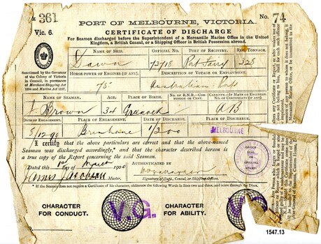 Certificate of Discharge with name of seaman, ship, date etc filled in by hand with ink