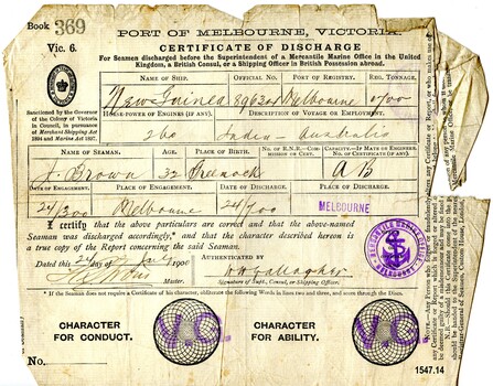 Certificate of Discharge with name of seaman, ship, date etc filled in by hand with ink