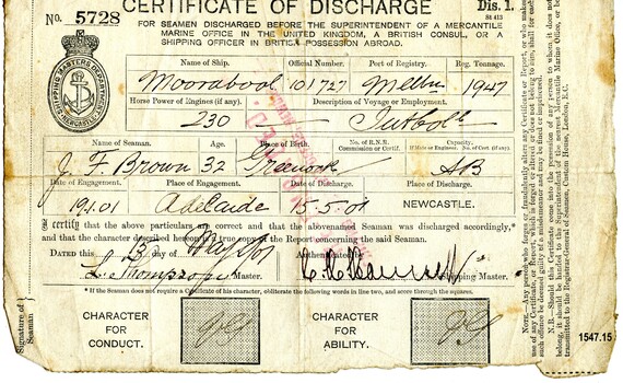 Certificate of Discharge with name of seaman, ship, date etc filled in by hand with ink