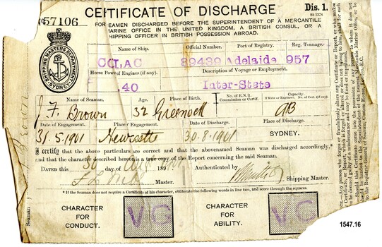 Certificate of Discharge with name of seaman, ship, date etc filled in by hand with ink