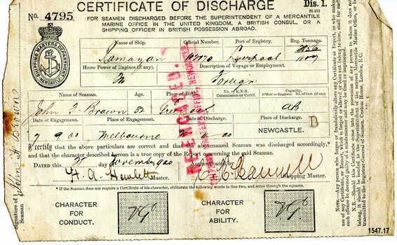 Certificate of Discharge with name of seaman, ship, date etc filled in by hand with ink
