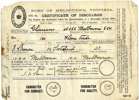 Certificate of Discharge with name of seaman, ship, date etc filled in by hand with ink