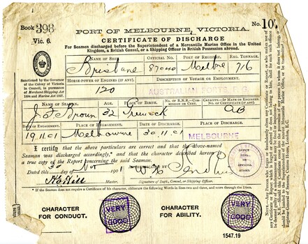 Certificate of Discharge with name of seaman, ship, date etc filled in by hand with ink