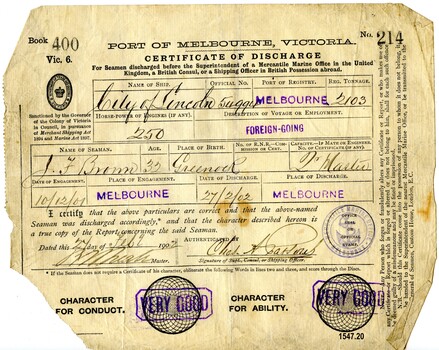 Certificate of Discharge with name of seaman, ship, date etc filled in by hand with ink
