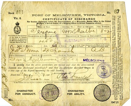 Certificate of Discharge with name of seaman, ship, date etc filled in by hand with ink