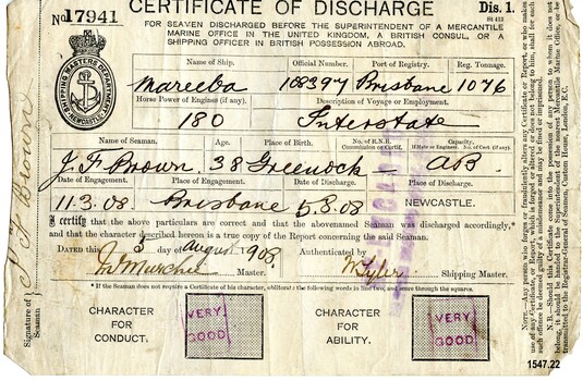 Certificate of Discharge with name of seaman, ship, date etc filled in by hand with ink