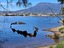 Outline of a wrecked ship in the river with a tall mountain in the background