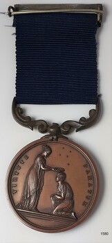 Medal has a silver bar pin, blue ribbon and bronze medal with two figures on front