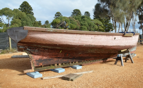 Viator under repair by Flagstaff Hill boatbuilder