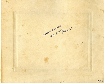 Handwritten inscription in blue pen, written by the grandson of J B Jones, builder. 