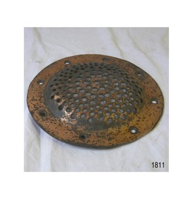 Brass drain cover with convex perforated dome and wide collar with eight drilled holes